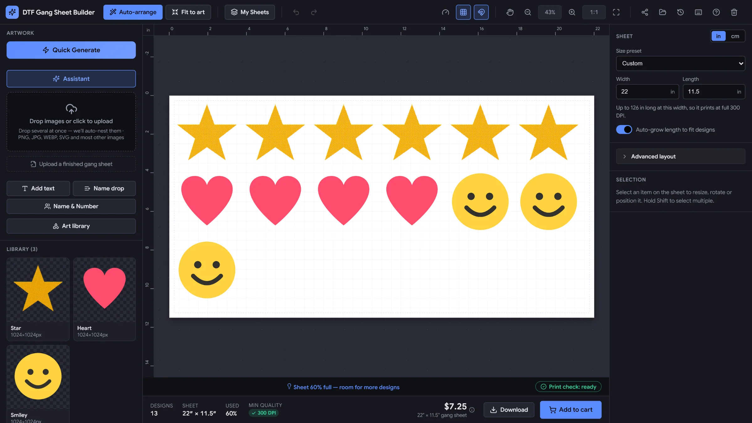 The shopper builder: an upload panel on the left, 13 designs nested on a 22 by 11.5 inch sheet, a hint that the sheet is 60% full, a 300 DPI quality badge, Print check ready and a live price of $7.25