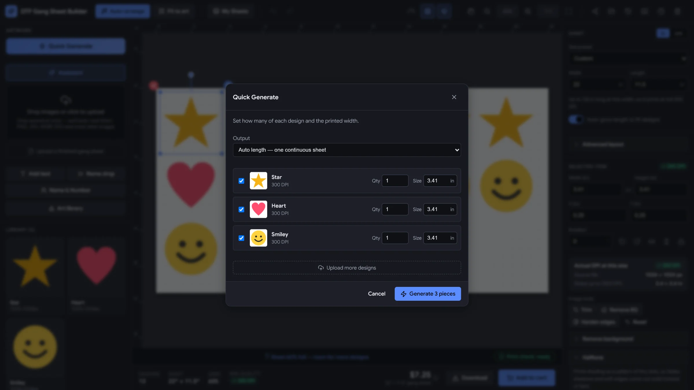 Quick Generate dialog: quantity and size for each design, output as one continuous sheet