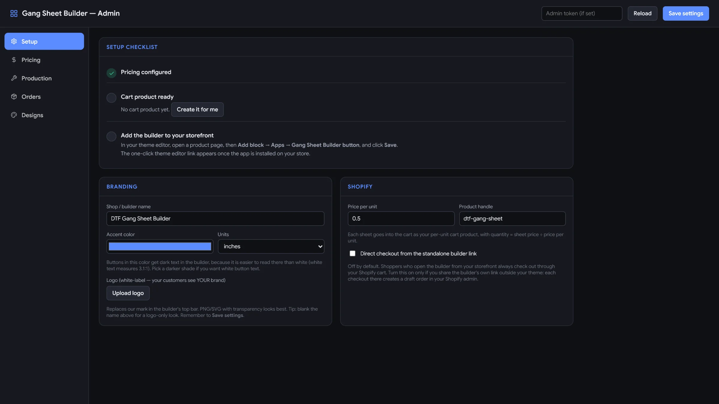 Branding settings: shop or builder name, accent color, units and an Upload logo button