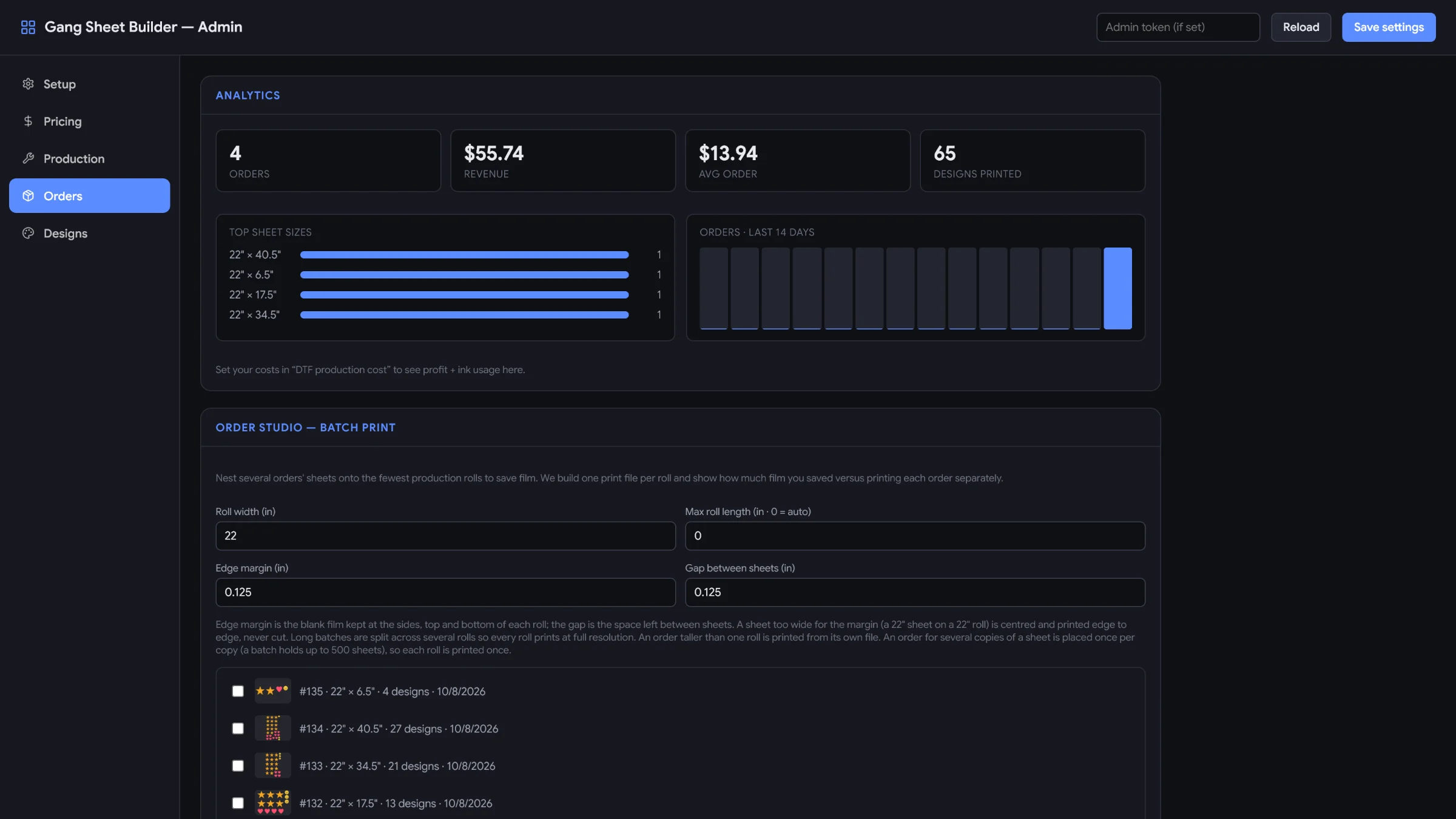 Analytics with demo orders, revenue, average order and designs printed, top sheet sizes, and Order Studio batch print settings for roll width and margins
