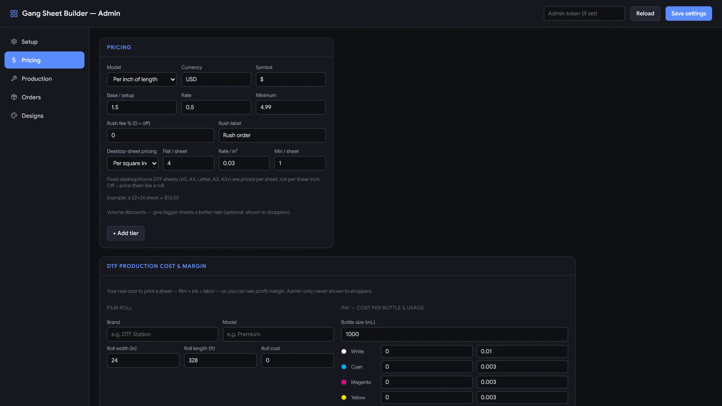 Pricing settings: per inch of length model, base, rate and minimum, rush fee and label, and desktop-sheet pricing per square inch
